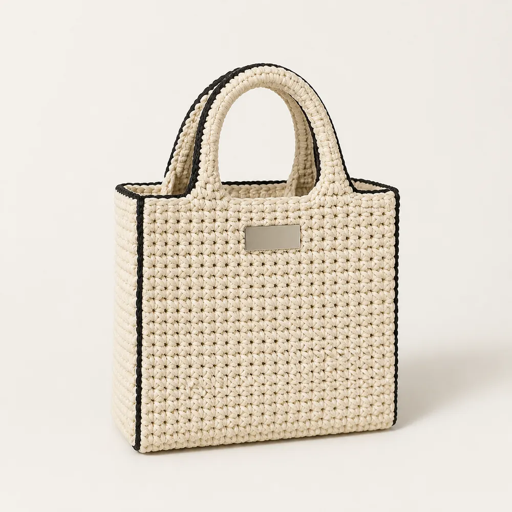 Ivory crochet Frame Tote with black trim
